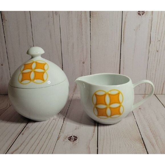 Mid Mod MIKASA PIVOTAL TANGENTS ORANGE Sugar Bowl & Lid CREAMER Ben Seibel VTG - Picture 1 of 11